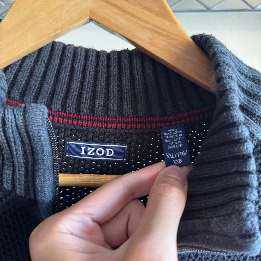 Izod Mens Fair Isle Knit Quarter Zip Sweater Black Nordic Pattern XXL fits XL